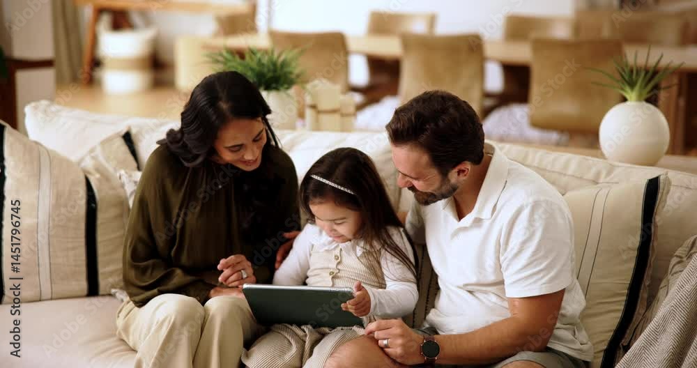 Sofa, mother and father with child for tablet, learning and education game for cognitive development. Home, mom and dad with girl for digital entertainment, streaming service and bonding together