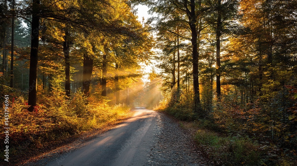 Obraz premium Serene Road Through Golden Forest with Sunlight Filtering Through Trees
