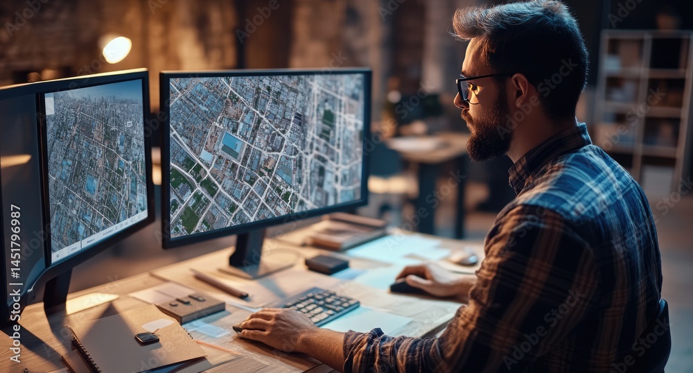 © Pixelcrafts - Focused man reviewing city maps on dual monitors in a modern workspace.  He's intently studying detailed aerial views of urban infrastructure.  Documents and a calculator are on the desk