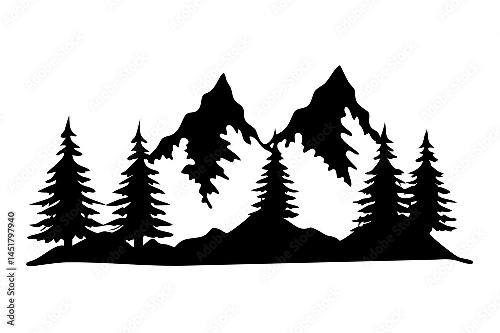Obraz premium Mountain Landscape Silhouette with Pine Trees, Scenic Nature View, Wilderness Panorama, Outdoor Forest Art, On Transparent Background