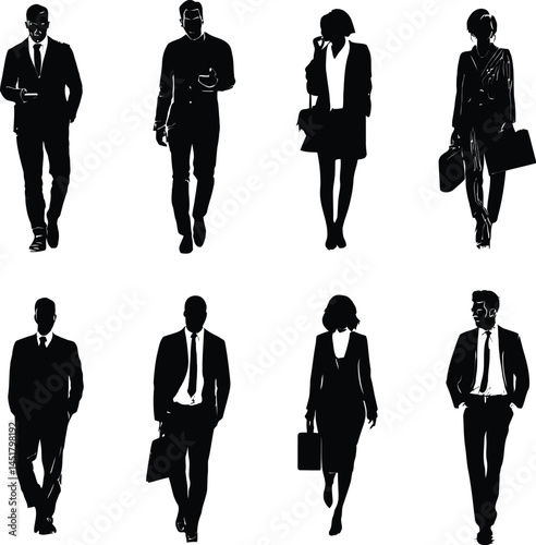 Professional Vector Business Silhouette Set Featuring Walking Individuals in Formal Attire