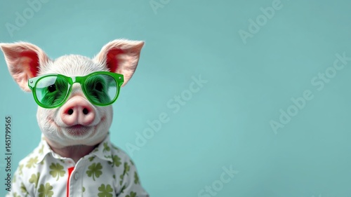 Coole Glücksschwein vor blauem Hintergrund