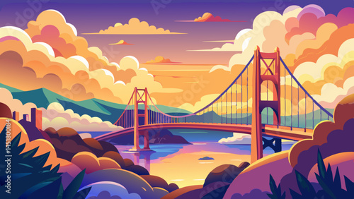 Golden Gate Bridge panorama, San Francisco California, sunset light on cloudy sky