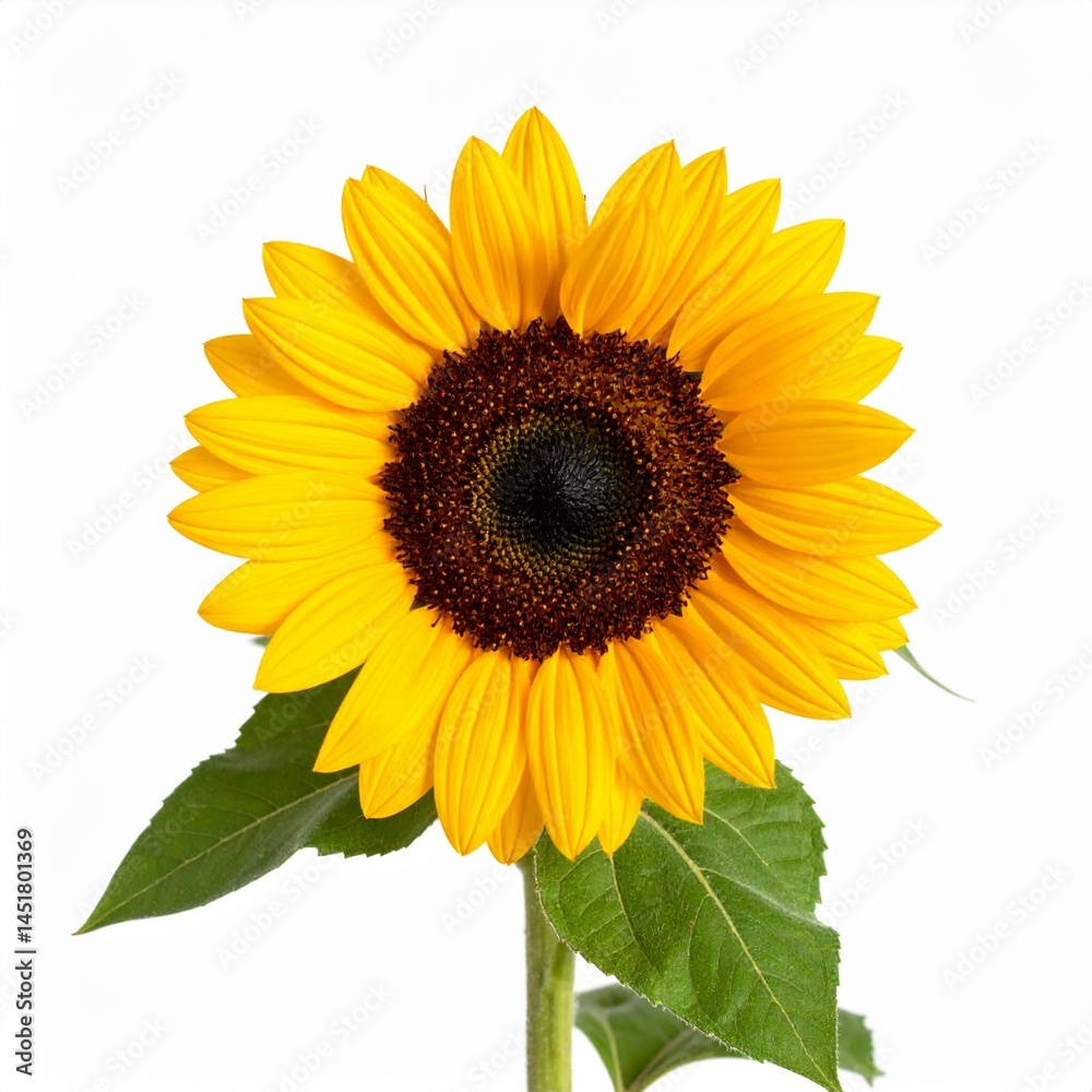 Fototapeta premium Bright Sunflower Facing Front Fully Bloomed with Vivid Yellow Petals on Clean White Background