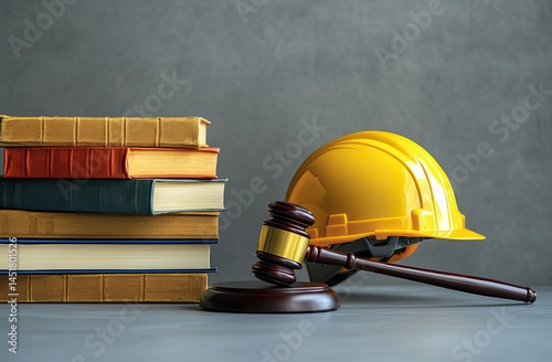 Legal and construction themed still life. Books and a gavel sit next to a hard hat