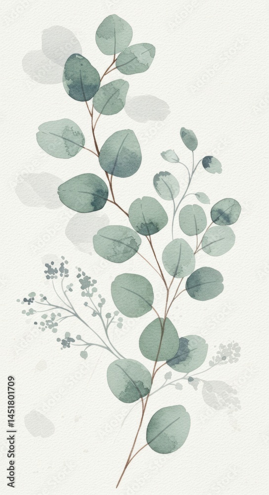 Obraz premium Delicate watercolor illustration featuring a loose arrangement of Sage-green botanical elements, specifically focusing on soft, semi-transparent eucalyptus leaves and subtle dusty miller sprigs