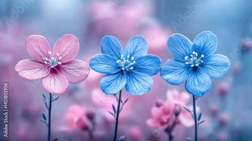 Delicate pink and blue flowers in soft focus