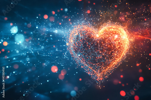 Glowing digital heart made of connected particles with bright sparks on dark abstract background. Copy space