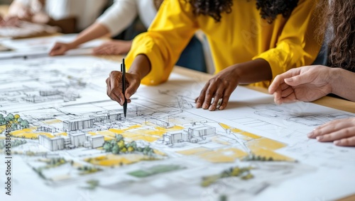 Diverse group of people collaborating on architectural drawings at a large table.  Hands work on a detailed sketch, focusing on urban planning layout