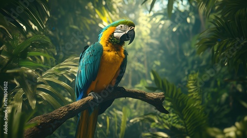 A vibrant Macaw parrot perched gracefully on a branch amidst the lush greenery of the jungle.
