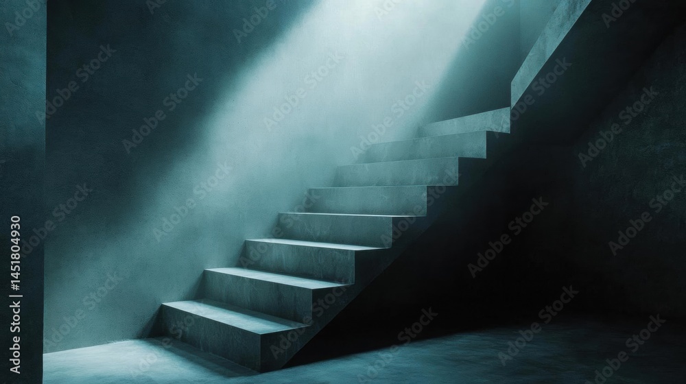 Fototapeta premium Set of stairs in an empty room with a dark and gloomy atmosphere. the stairs are made of concrete and are arranged in a straight line, with the top step slightly higher than the bottom step.