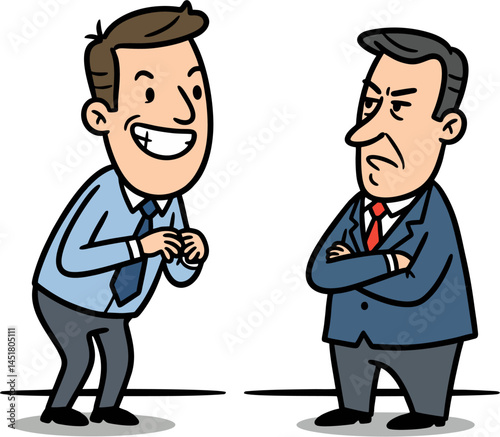 Cartoon Vector Illustration of Sycophantic Employee Flattering Angry Boss in Office Setting