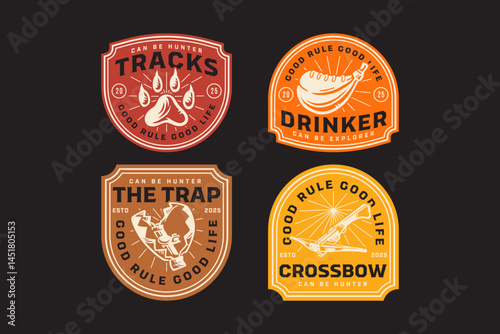 tiger paw track, lion footprint, cogged steel trap, leather canteen, water storage, hunt crossbow retro badge logo vector design collection set for adventure, outdoor, explorer, survival and hunting