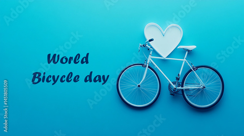 Top view of a bicycle on a bright blue background with a white heart-shaped bike trail - health and sustainability symbol and 