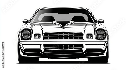 Classic Muscle Car Front View Illustration in Monochrome Style