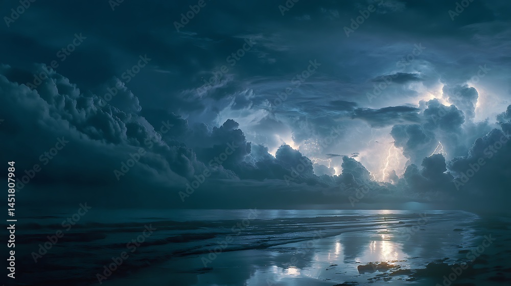 Fototapeta premium Dramatic seascape with storm clouds and lightning