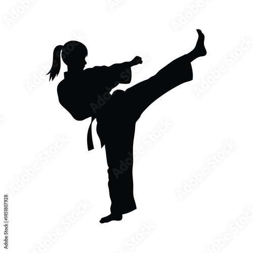 Silhouette of a Martial arts lady karate athlete performing a high kick