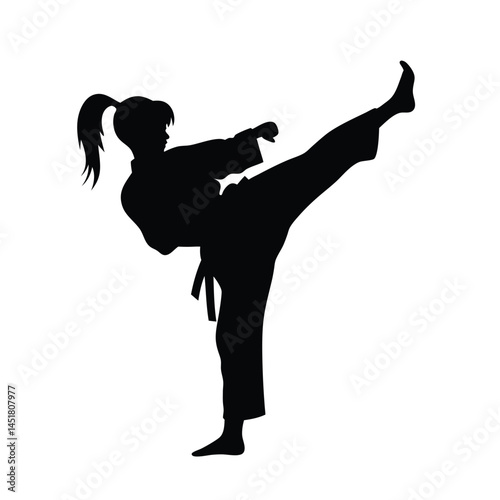 Silhouette of a Martial arts lady karate athlete performing a high kick