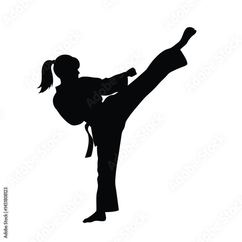 Silhouette of a Martial arts lady karate athlete performing a high kick