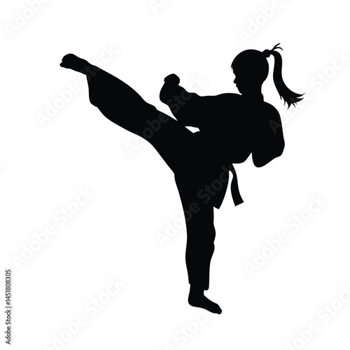 Silhouette of a Martial arts lady karate athlete performing a high kick