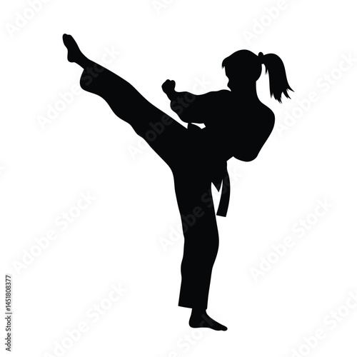 Silhouette of a Martial arts lady karate athlete performing a high kick