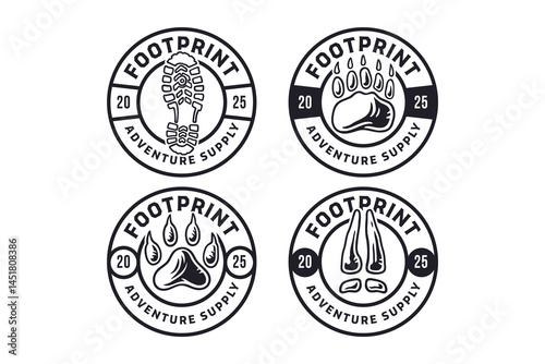 hunter and prey footprints with boots, bear, tiger, deer, grizzly, lion, roe tracks illustration badge emblem patch logo design collection set for hunter, outdoor, explore, wildlife and adventure.