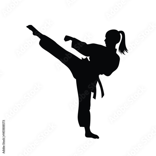 Silhouette of a Martial arts lady karate athlete performing a high kick