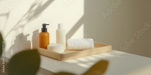 Minimalist self-care essentials in natural morning light, clean beauty aesthetic with soft shadows and warm tones