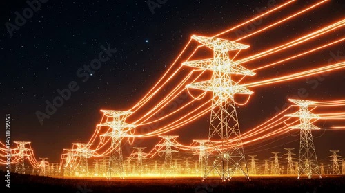 Fantastic Visuals of Night Sky Full of Bright Stars, Power Transmission Lines with 3D Digital Visualization of Electricity. Concept of Renewable Green Energy Powering Human Progress Everywhere