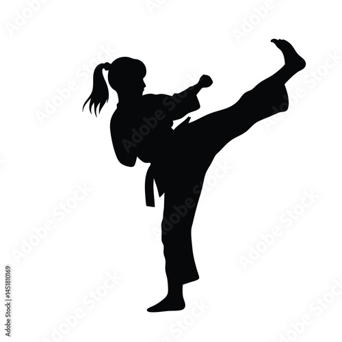 Silhouette of a Martial arts lady karate athlete performing a high kick
