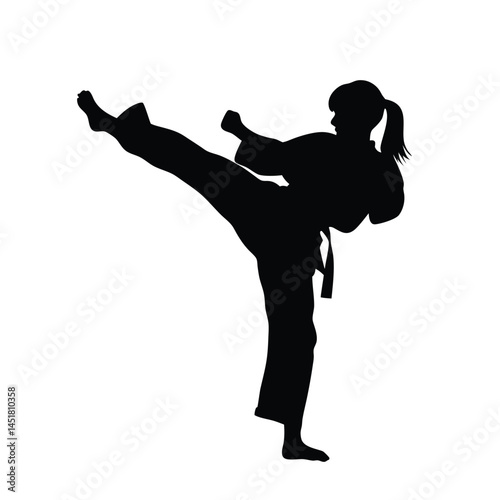 Silhouette of a Martial arts lady karate athlete performing a high kick
