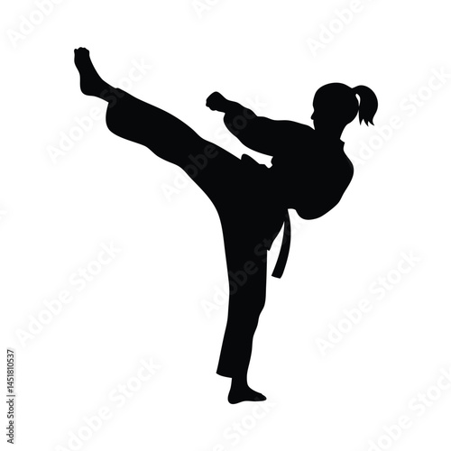 Silhouette of a Martial arts lady karate athlete performing a high kick