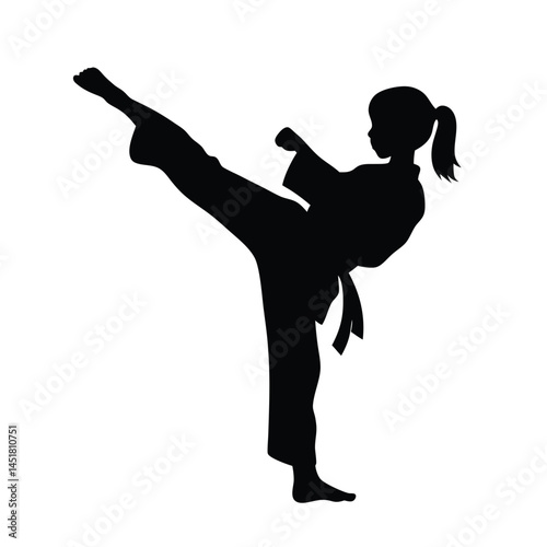 Silhouette of a Martial arts lady karate athlete performing a high kick