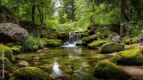 Serene Forest Scene with Gentle Waterfall and Mossy Rocks