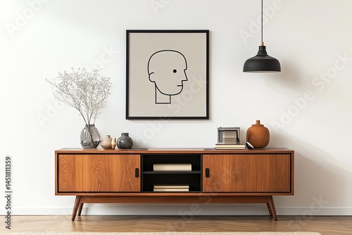 Minimalist living room with a framed print of a simple head profile, displayed above a mid-century modern wooden sideboard.  Dry, light-colored flowers in a vase add to the neutral aesthetic