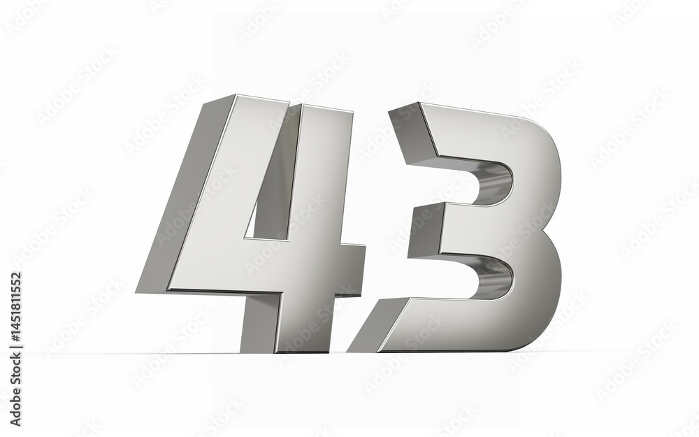 Fototapeta premium 3d Silver number 43 Forty three sleek metallic look isolated on white background, 3d illustration