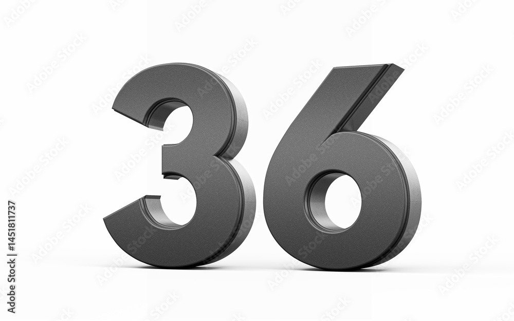 Naklejka premium Sleek, metallic Black number 36 Thirty six standing on a white background, 3d illustration