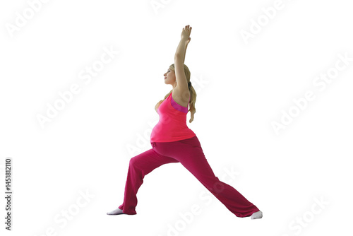 pregnant woman with a tummy does yoga lunges forward with her hands up, isolated on transparent background, png
