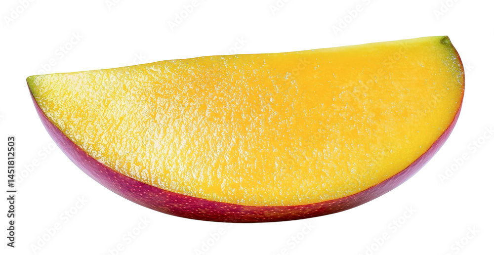 Fototapeta premium mango slice - juicy yellow flesh, red skin, isolated