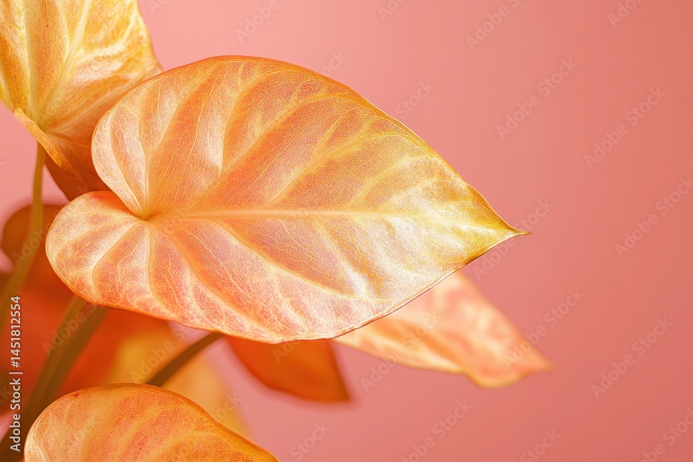 Close-up view of a vibrant, peach-toned plant leaves against a soft pink backdrop. Close-up view of a vibrant, peach-toned plant leaves against a soft pink backdrop.
