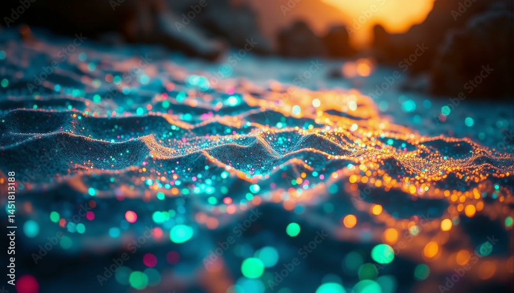 Obraz premium Iridescent sand swirls within a desert oasis beneath a fractured crystal canopy, glowing warmly.