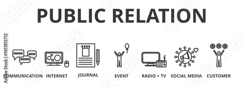 Public relations banner web icon vector illustration concept with icon and symbol of communication internet journal events radio social media and customer.