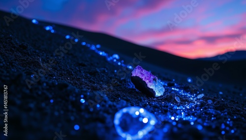 Obsidian dunes sparkle with sapphire crystals under a violet twilight sky; an alien landscape.