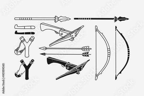 hunting weapon with spear and thrower, crossbow, slingshot, arrow and bow outline, line art, filled, glyph style icon symbol element designs set for adventure, outdoor, explorer, camping, picnic