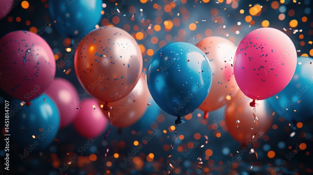 Colorful balloons in a festive atmosphere with sparkling confetti and blurred lights Colorful balloons in a festive atmosphere with sparkling confetti and blurred lights
