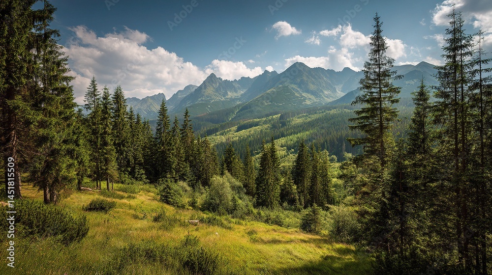 Obraz premium Lush Green Spruce Forest Beneath High Tatra Mountain Range