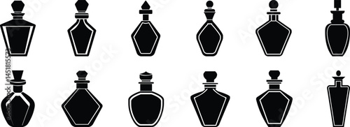 Perfume Bottle icon set.Fragrance perfume vector. Line and glyph perfume.Clothing costumes and accessories concept.spray bottle of icon.perfume bottle with liquid inside, glowing reflection.