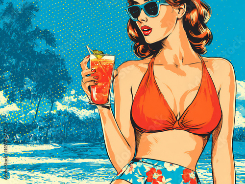 tropical beach woman with cocktail (pop art)