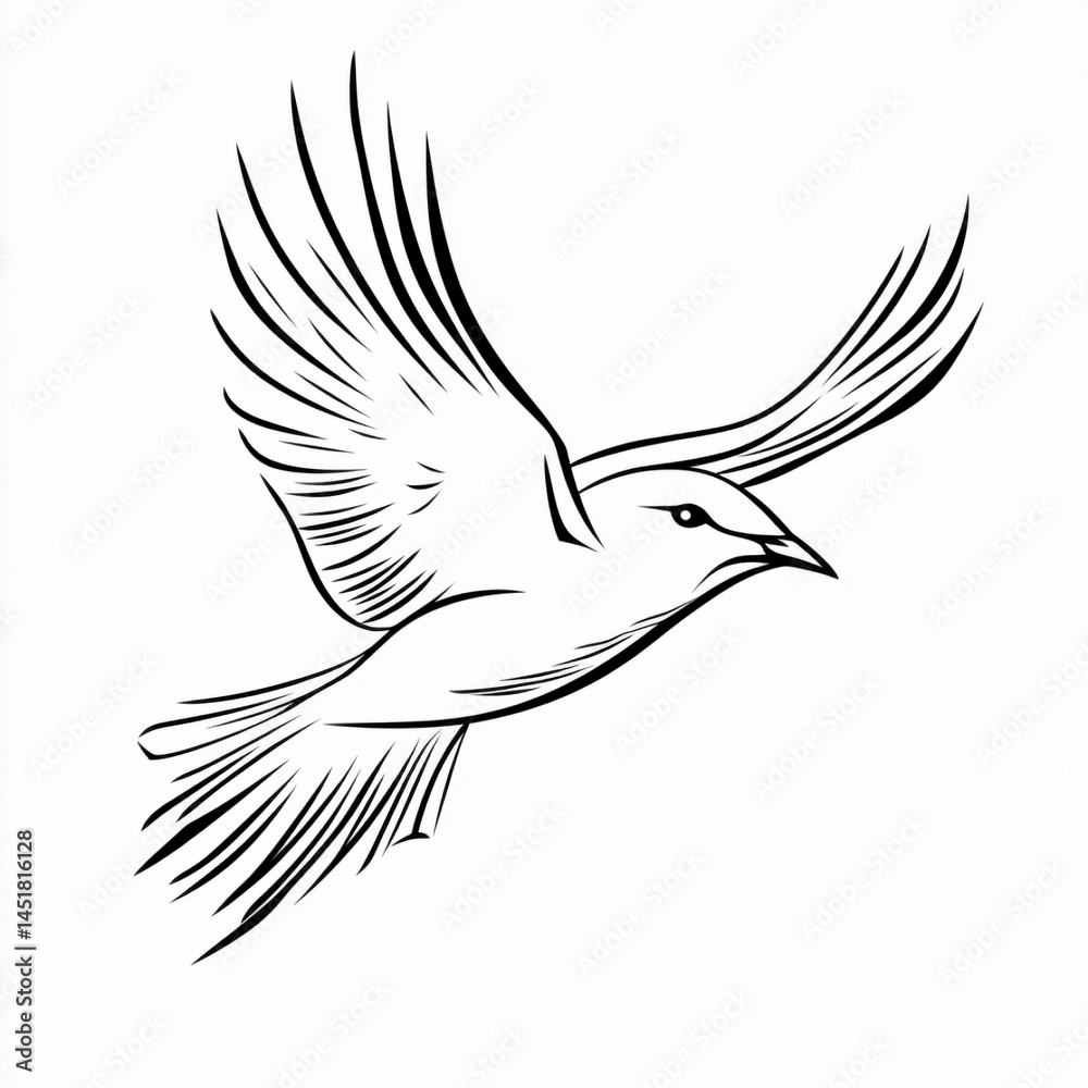 Bird Flies Gracefully with Open Wings in Line Art Style on White Background Bird Flies Gracefully with Open Wings in Line Art Style on White Background