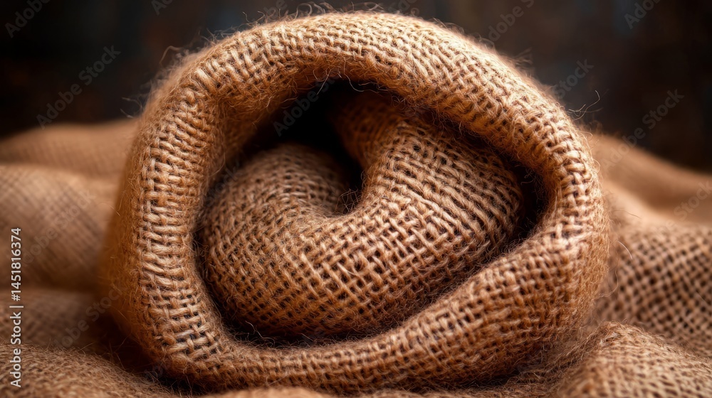 Fototapeta premium Textured Jute Sack: An up-close and detailed capture of a coiled jute sack, highlighting the intricate texture and natural tones of the fibrous material.
